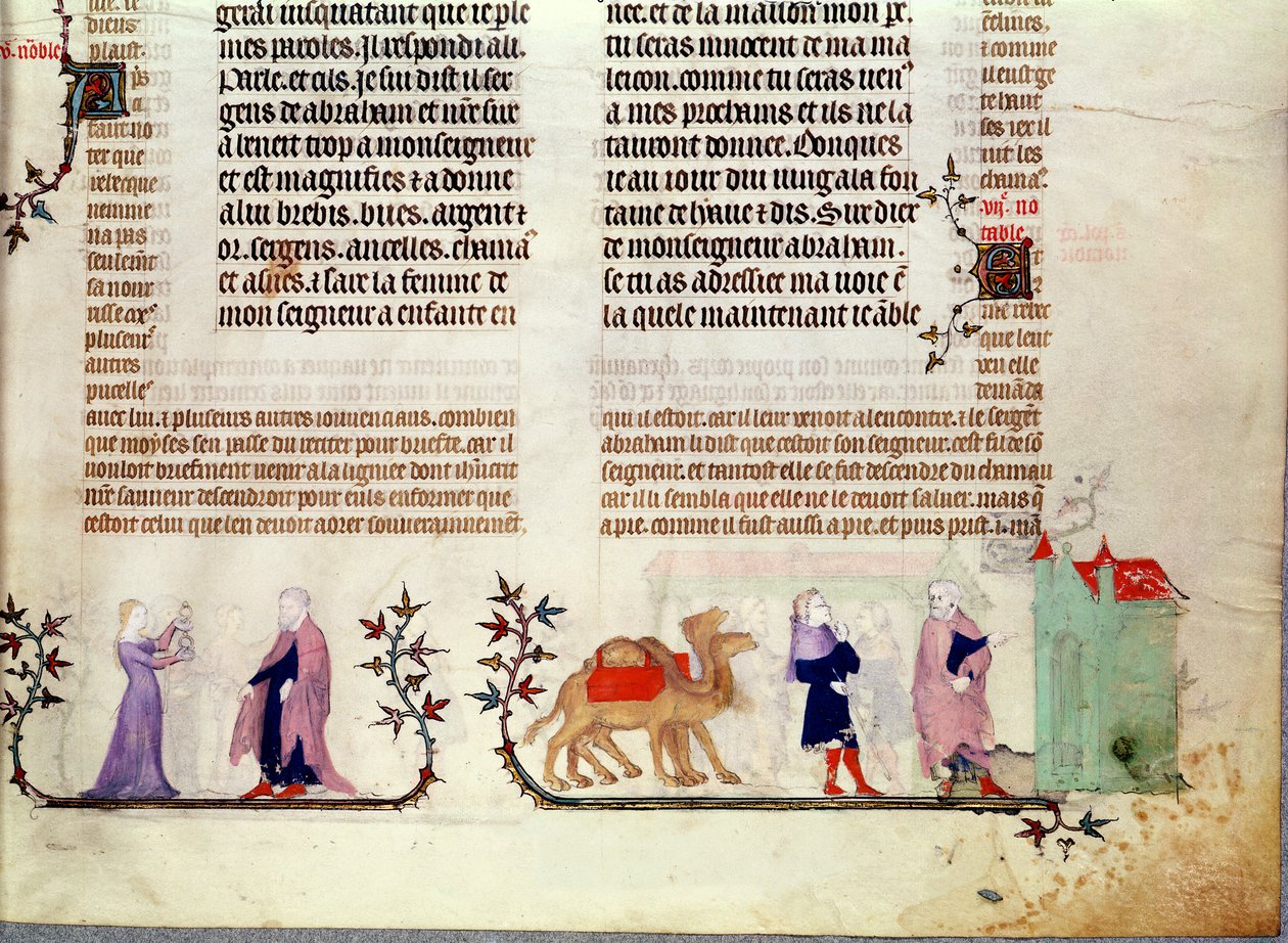 Two scenes from the story of Rebecca at the well, from The Bible of Jean de Sy, c.1355 by French School