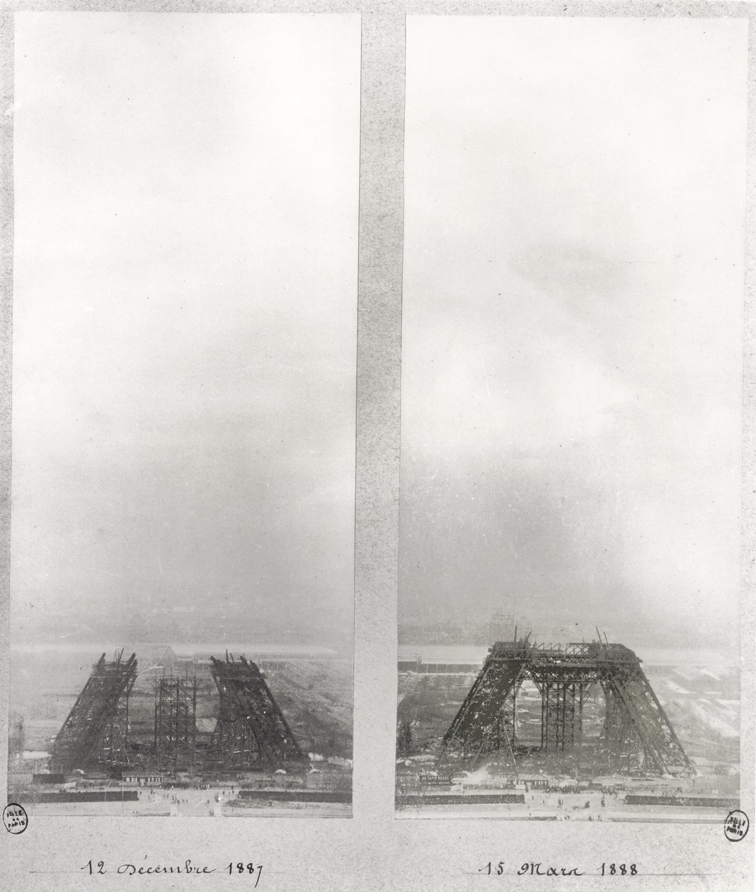 Two views of the construction of the Eiffel Tower, Paris, 12th December 1887 and 15th March 1888 by French School