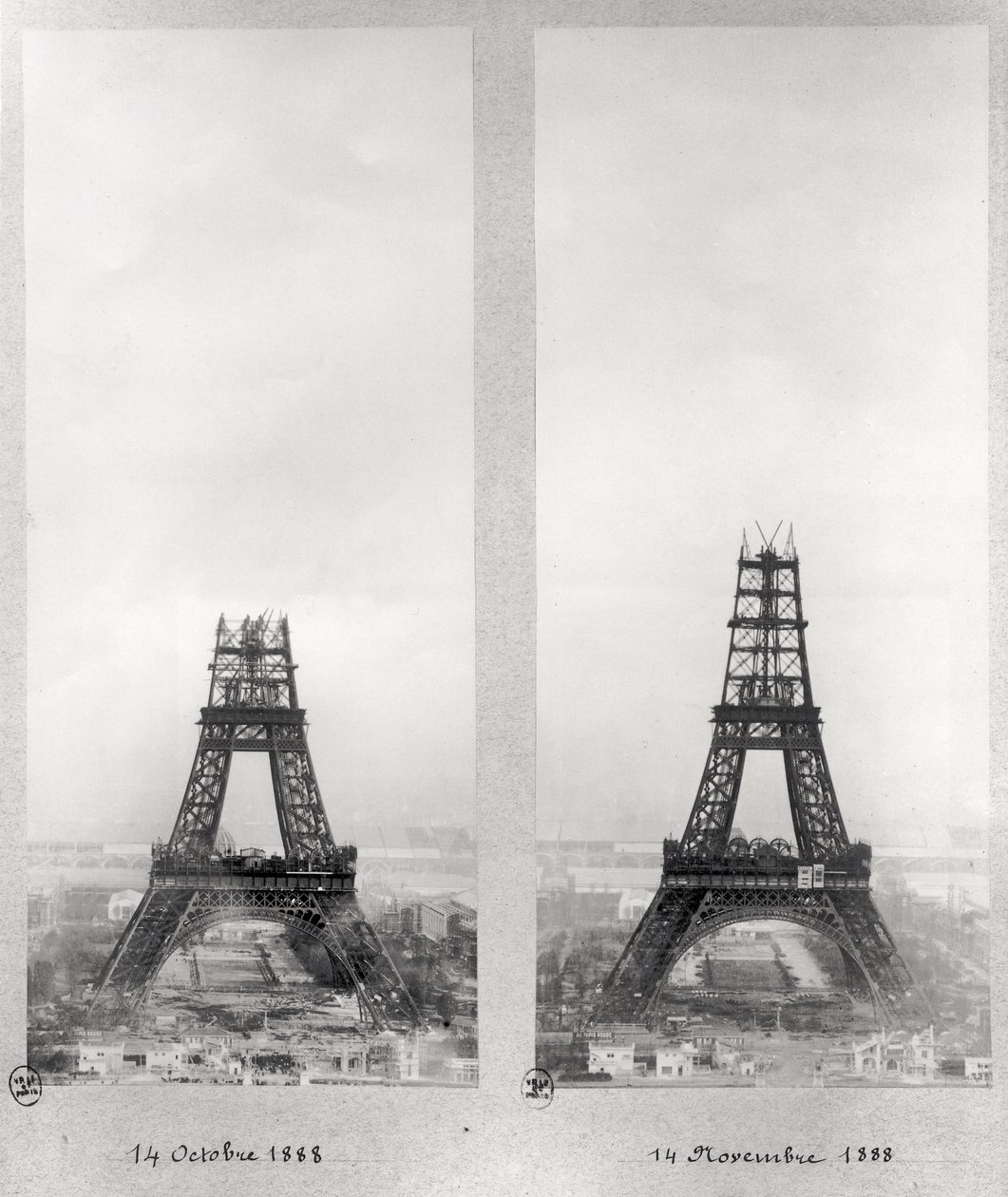 Two views of the construction of the Eiffel Tower, Paris, 14th October and 14th November 1888 by French School