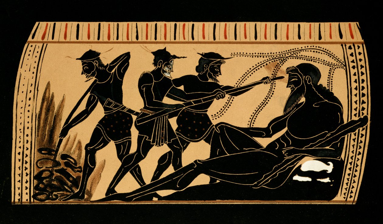 Ulysses and his companions gouging out the eye of the Cyclops Polyphemus, illustration from an antique Greek vase, 1887 by French School