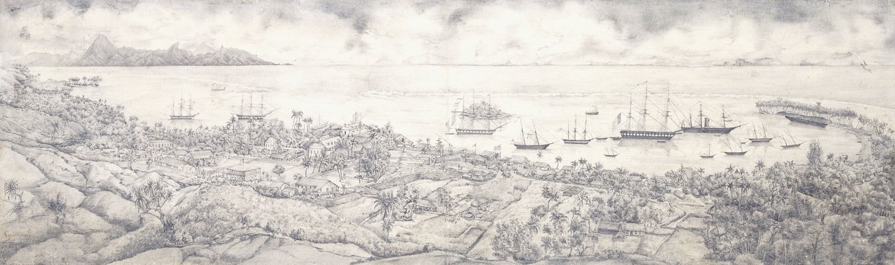 View of Papeete, Tahiti, Overlooking the Harbour Towards Moorea, mid 19th century by French School