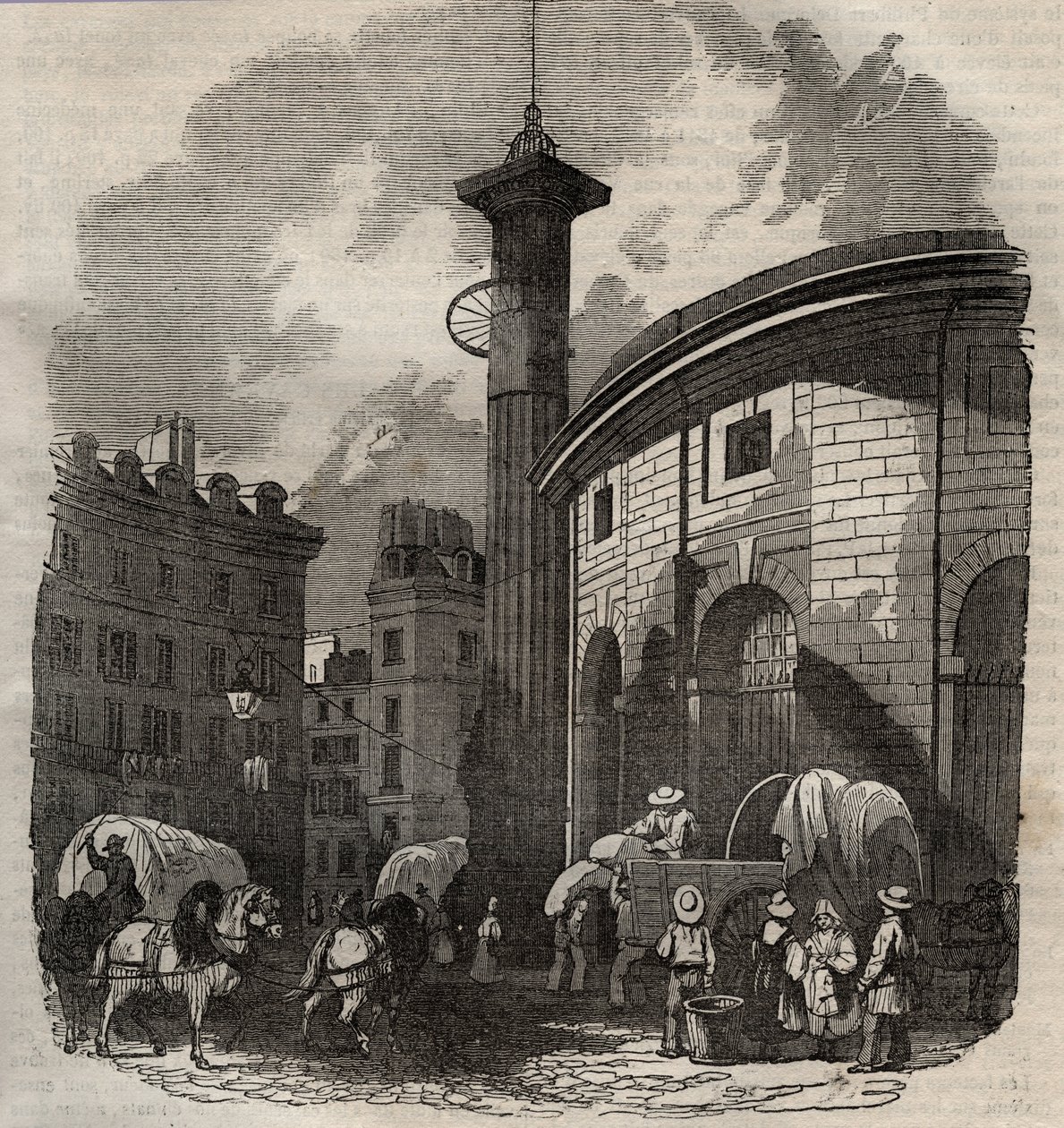 View of halle au ble in Paris (built in 1763-1769) and the Medici column, engraving beginning 19th century - wheat and corn exchange in Paris (built in 1763-1769), engraving early 19th century - View of the Halle au ble, placed on the present Hotel de Sois by French School