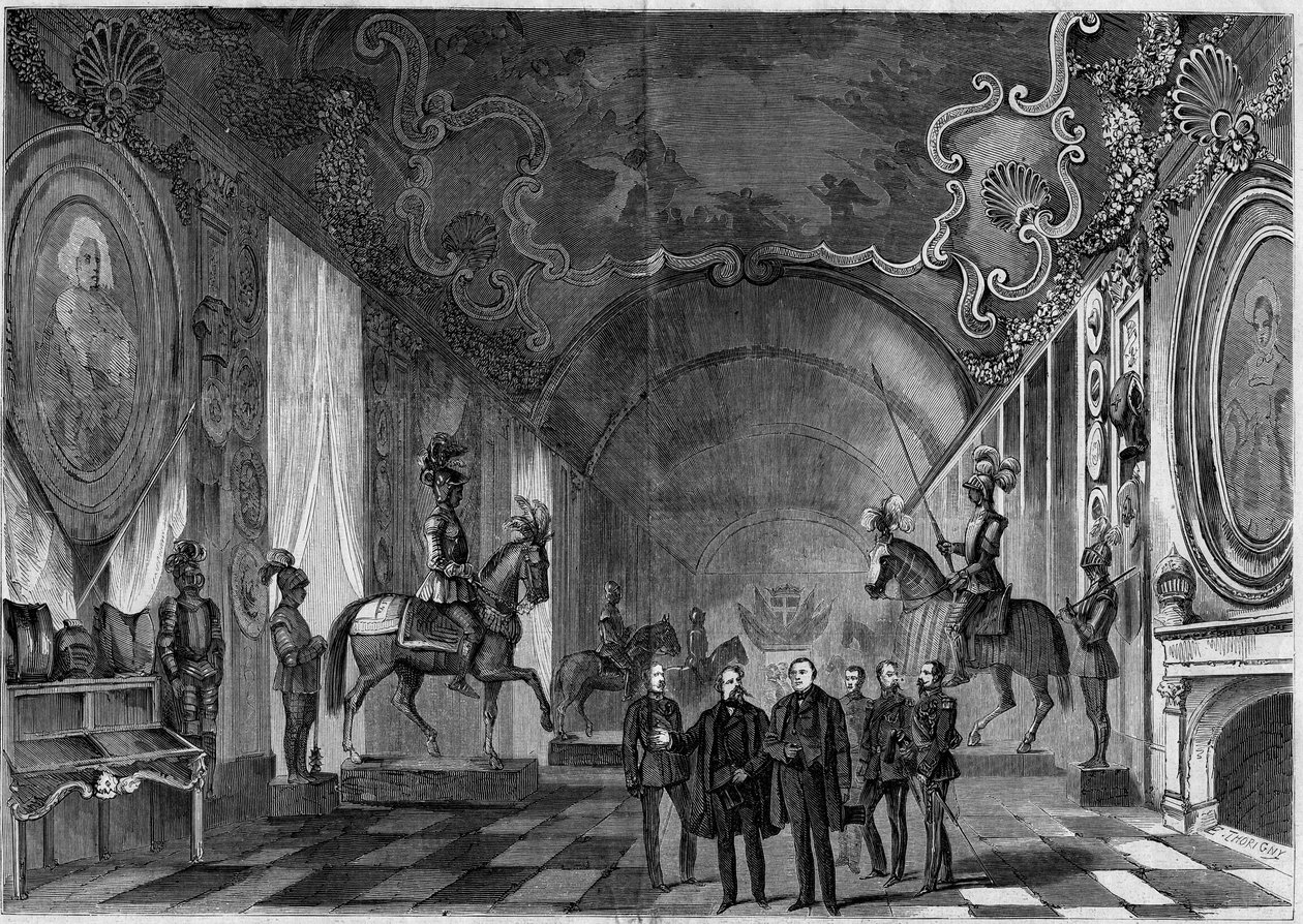 View of the arms room of the Palace of Turin (Italy) during the visit of King Victor Emmanuel II and Prince Napoleon by French School