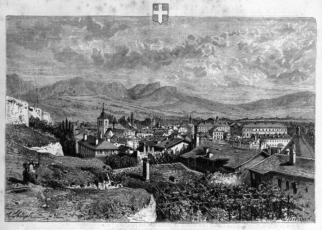 View of the city of Chambery in Savoy. Engraving from 1880 in 