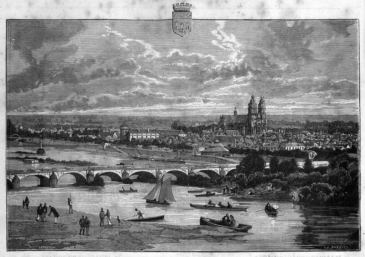 View of the City of Tours in the Indre-et-Loire. Engraving from 1880 in 