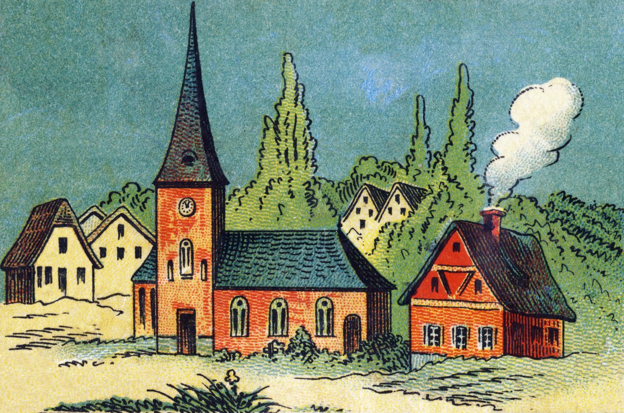 Village. Engraving in "ABC indechirable on varnished canvas". Late 19th century by French School