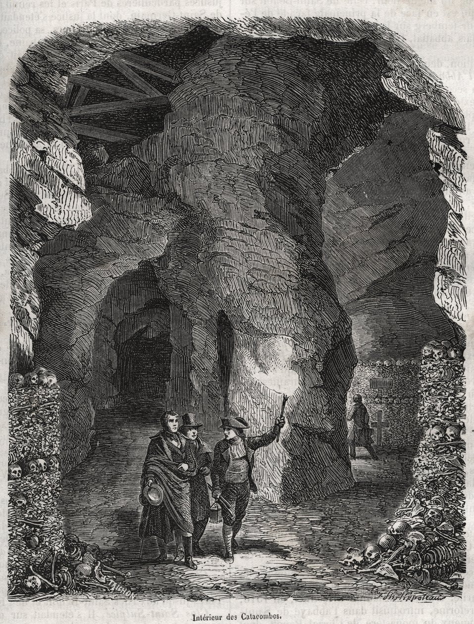 Visit of the Catacombs of Paris in the 19th century - Engraving in 