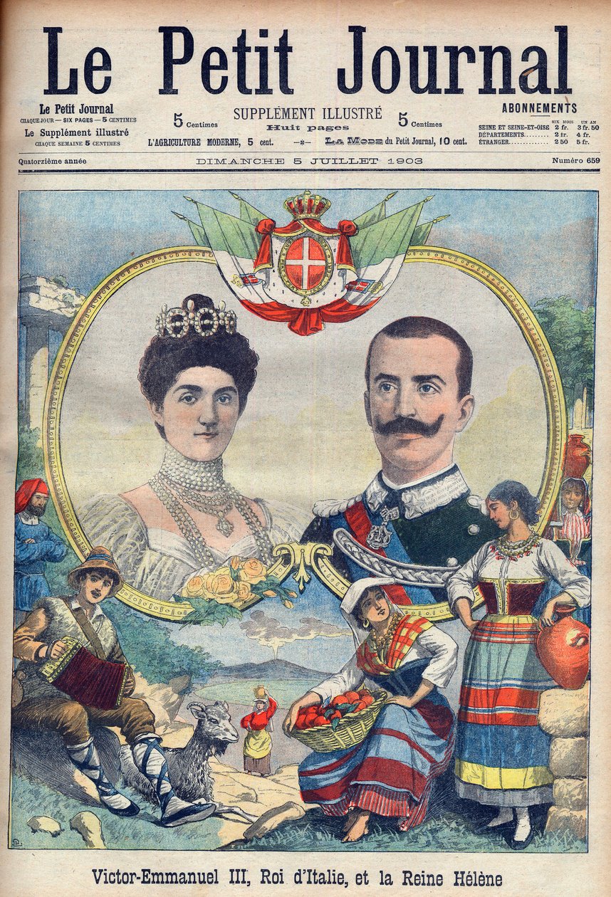 Vittorio Emanuele III di Savoia and Elena di Savoia - King Victor Emmanuel III and Queen Elena of Italy. Victor Emmanuel III, King of Italy, and Queen Helene. Illustration for Le Petit Journal, 5 July 1903 by French School