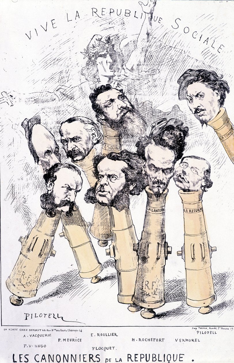 Long Live the Social Republic - The Gunboats of the Republic: A. Vacquerie, F.V. Hugo, P. Meurice, E. Roullier, Flocquet, H. Rochefort, Vermorel, Pilotell. Cartoon. by French School