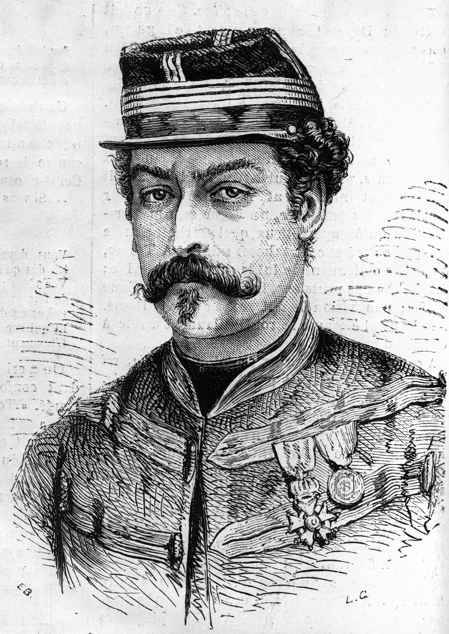 War of 1870: portrait of Leon Franchetti (1834-1870), French soldier, commander of the Scouts of the Seine. Engraving in 