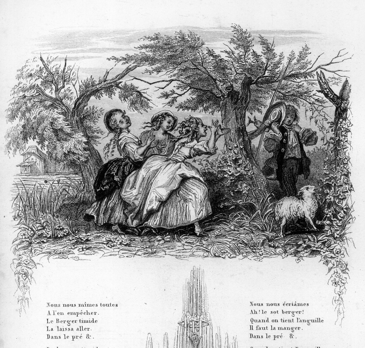 We were three girls. Three girls playing with a shepherd and making him uncomfortable. Engraving in Chants et chansons populaire de la France, Tome 2 by French School