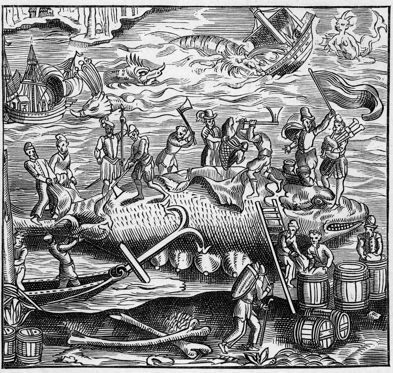 Whale fishing on the French coast of the Atlantic Ocean in the Middle Ages. Engraving in 