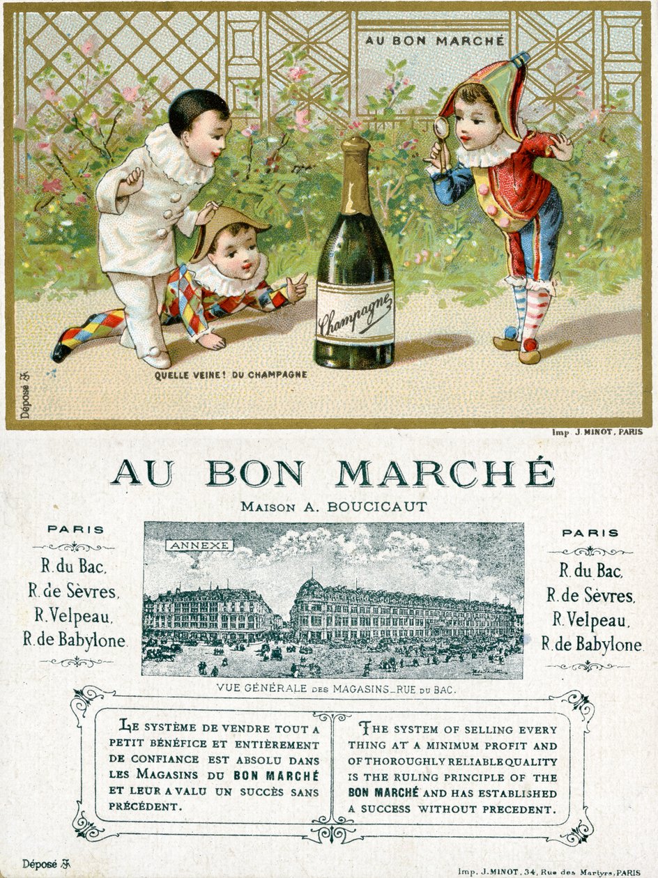 What Luck! a Bottle of Champagne; front and reverse of a promotional card for the Bon Marché Department Stores in Paris, c.1895 by French School