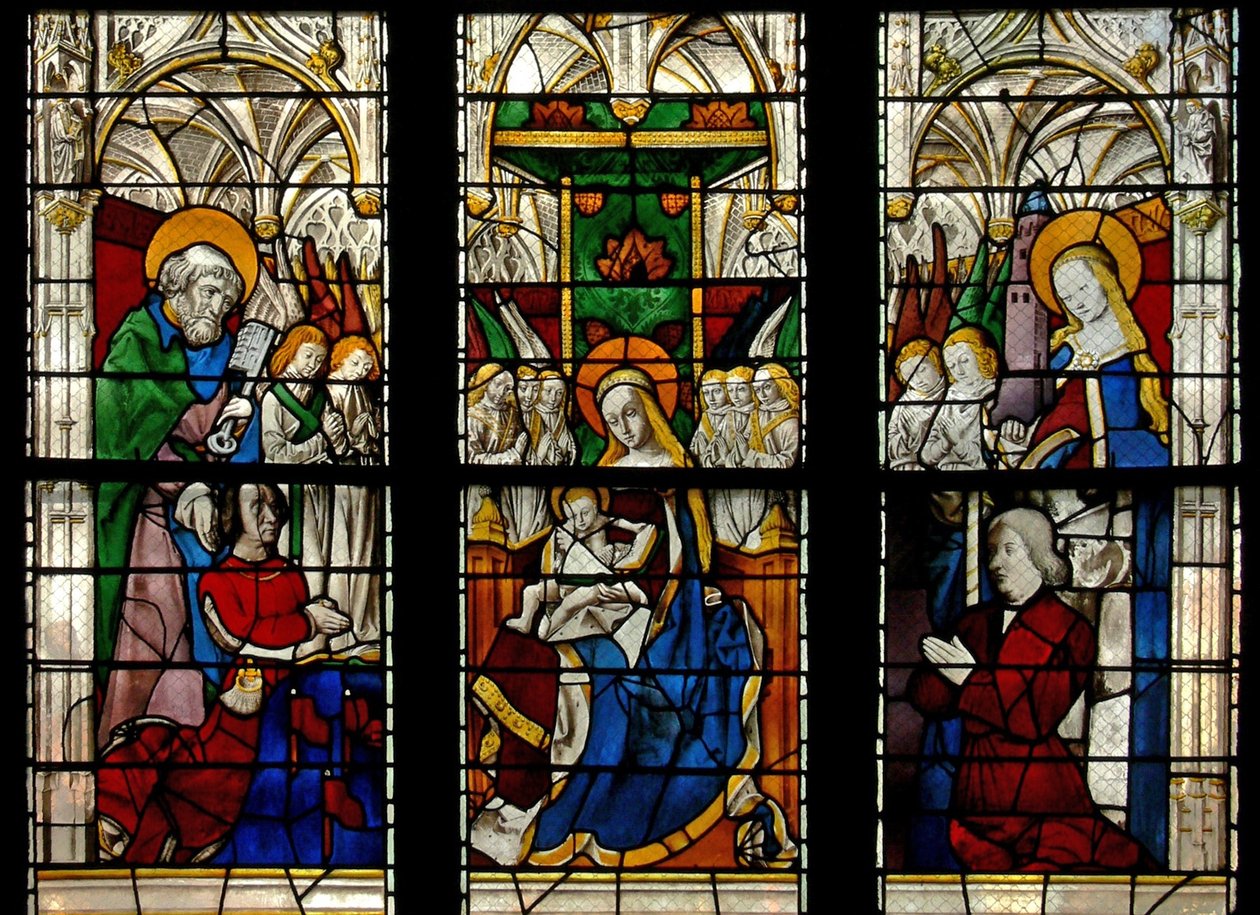 Window depicting the Virgin and Child Enthroned: also the donors with their patron saints (St Peter and St Barbara) by French School
