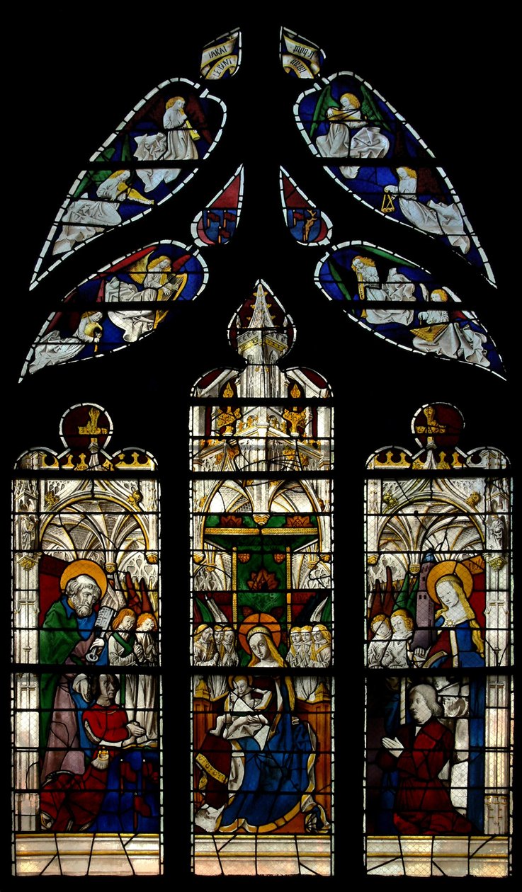 Window depicting the Virgin and Child Enthroned: also the donors with their patron saints (St Peter and St Barbara) by French School