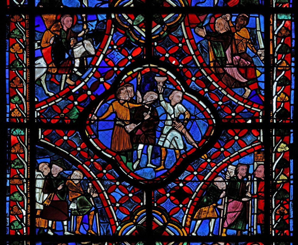 Window depicting the fourth section of the St James window: A group of pilgrims; A scene from the legend of the hidden cup; the martyrdom of Saint by French School