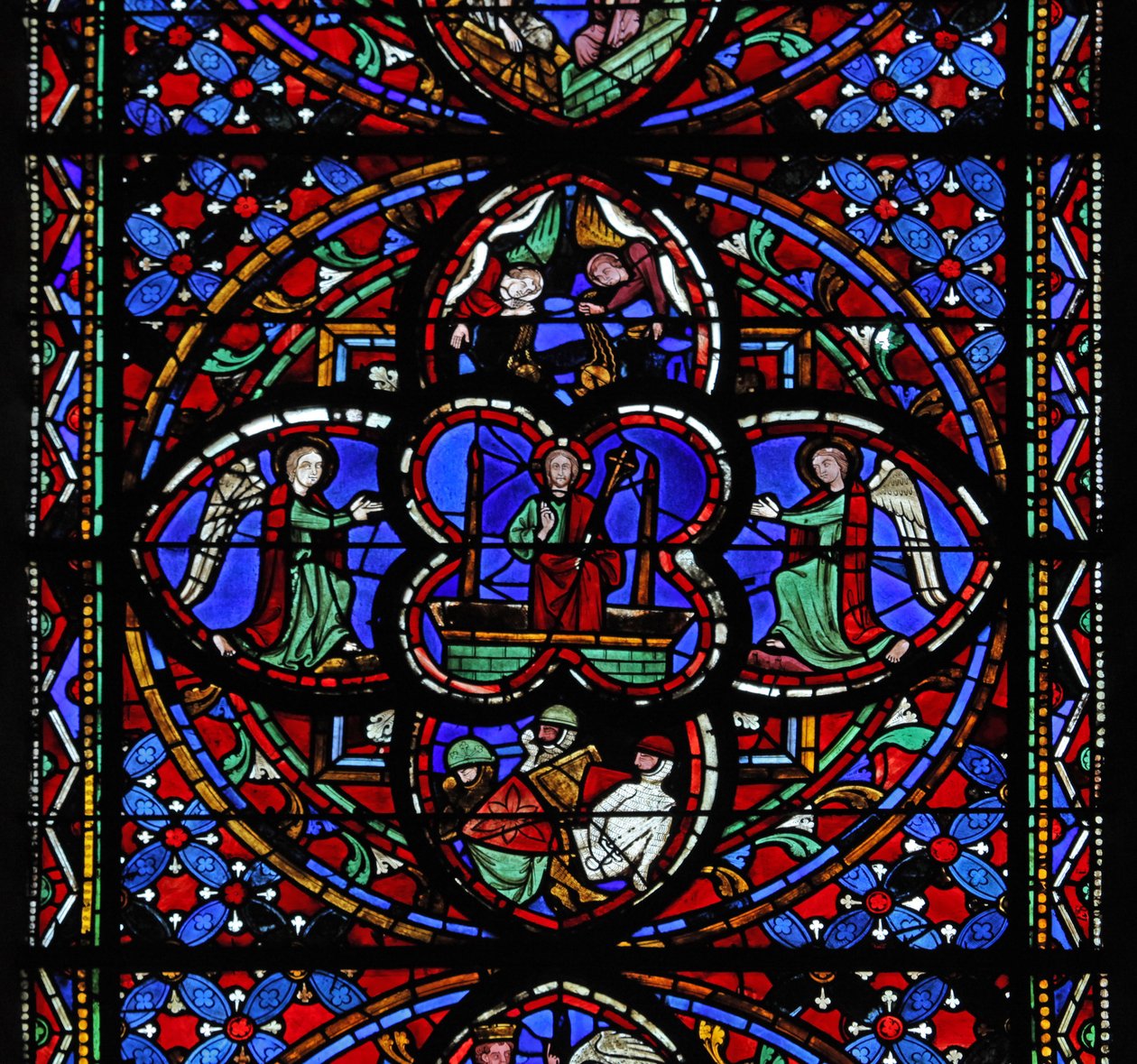 Window depicting the fourth section: the Resurrection: with the sleeping soldiers and censing angels by French School