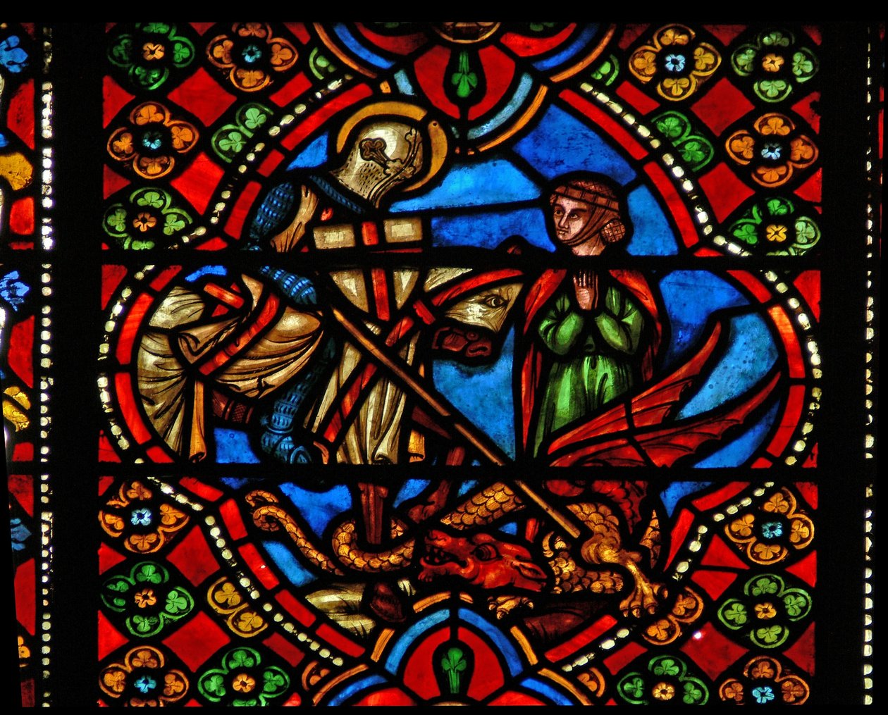 Window n3 depicting scenes from the life of St George; kills dragon by French School