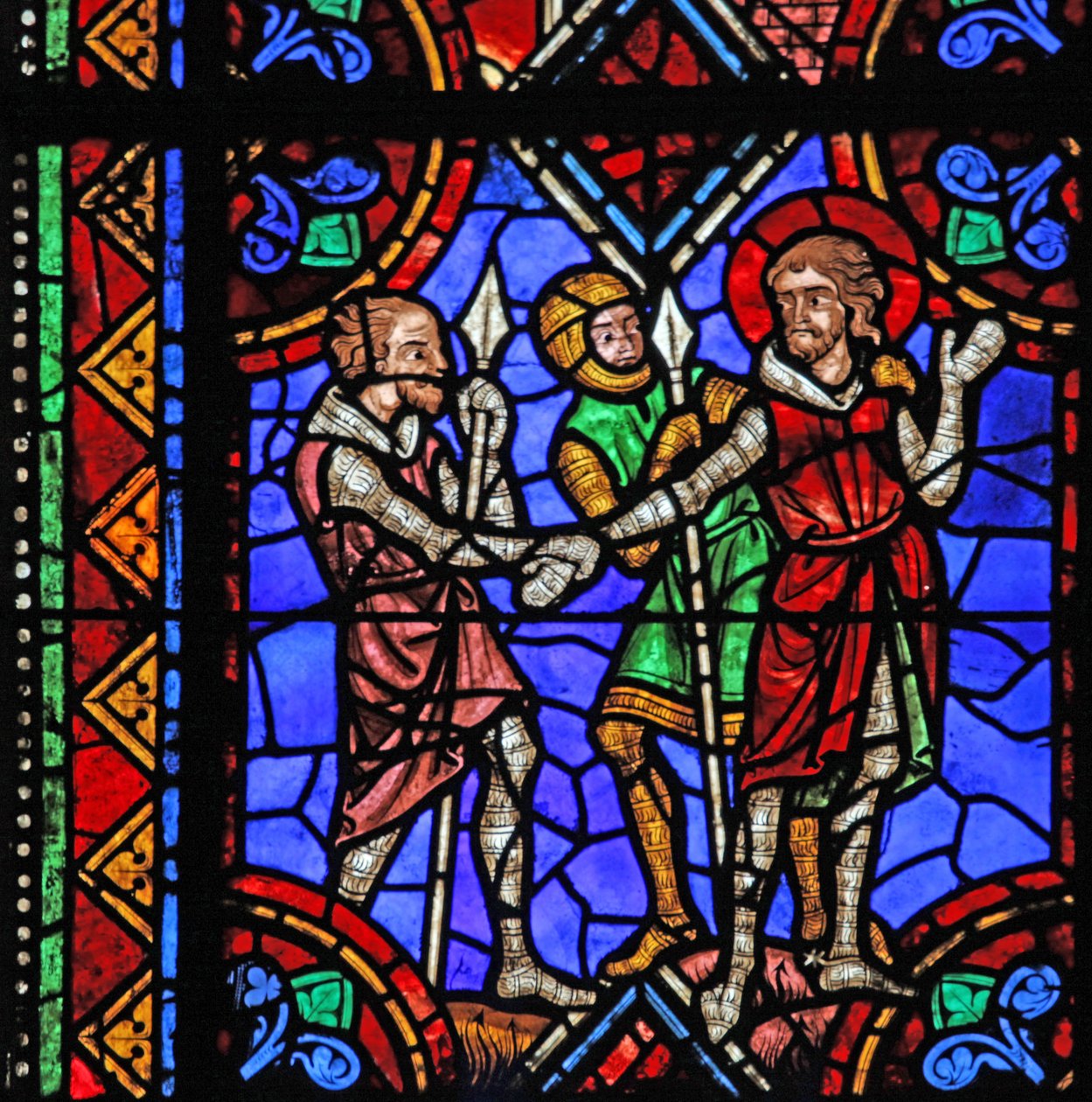 Window depicting St Julian of Brioude story - St Ferreol, a friend of Julien, who died during the Diocletian persecutions, is arrested by French School