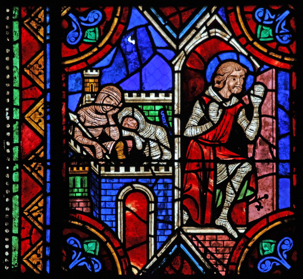 Window depicting St Julian of Brioude story - St Ferreol, a friend of Julien, who died during the Diocletian persecutions, escapes by French School