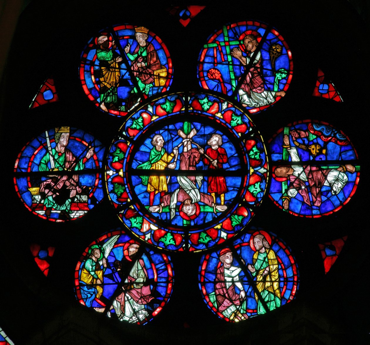Window w102 depicting the arrest and death of St Peter, and the saint with Simon Magus by French School