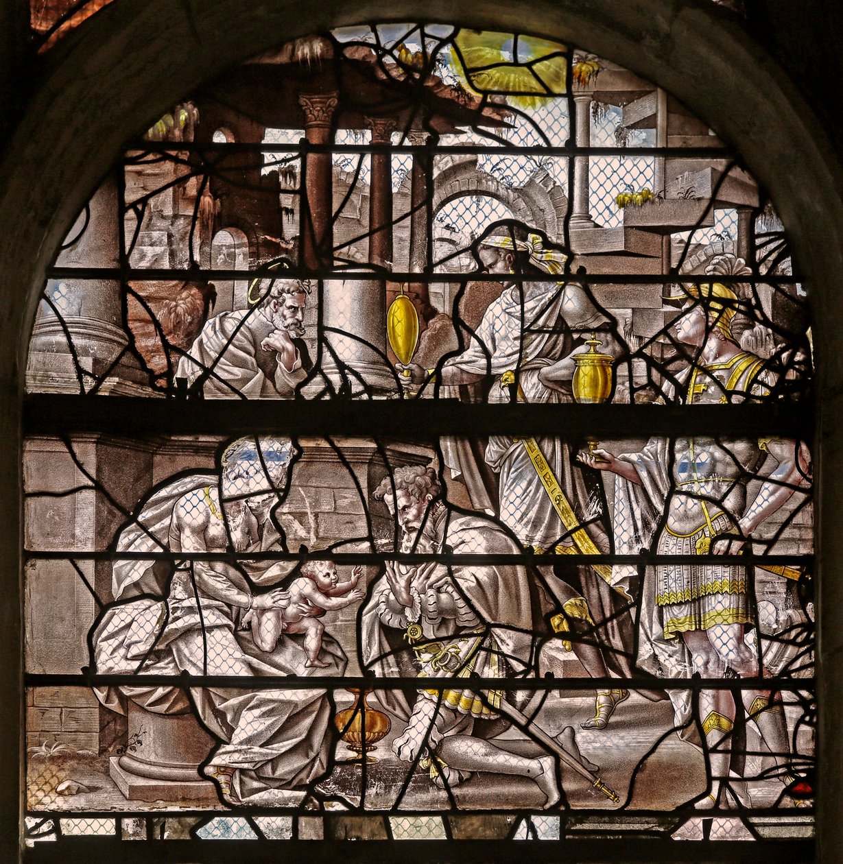 Window w10 depicting the Adoration of the Magi (designs by Durer and adaptations of the Master of Des designs for the Story of Psyche) by French School