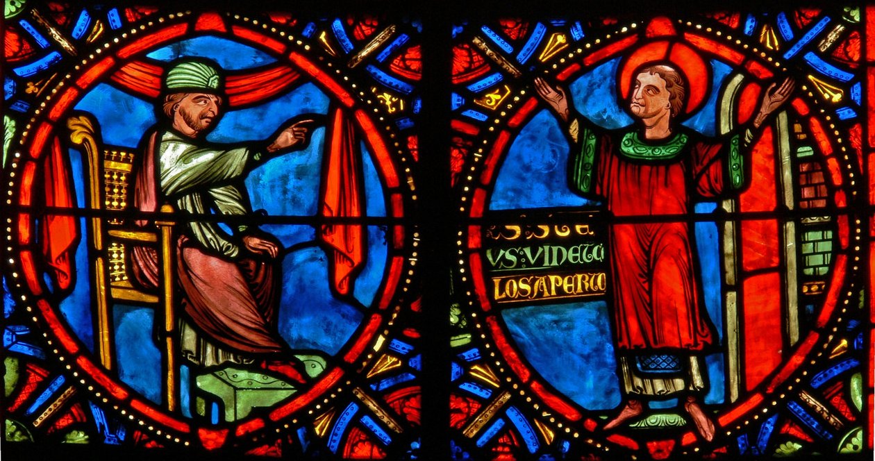 Window depicting the High Priest trying to dissuade St Stephen from ...