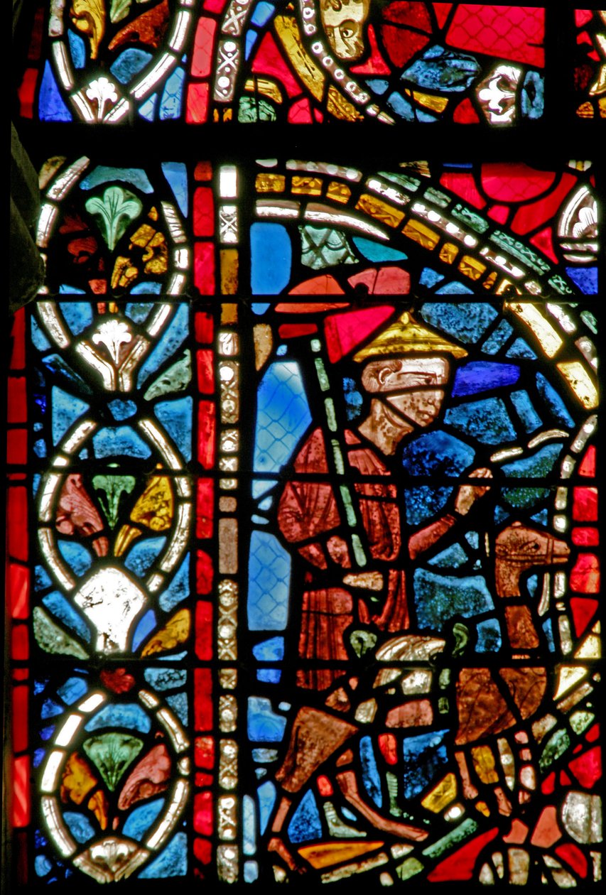 Window depicting a scene from the Prodigal Son story: departs by French School