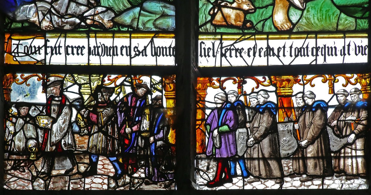 Window w120 depicting Members of the Confrérie de Charité by French School