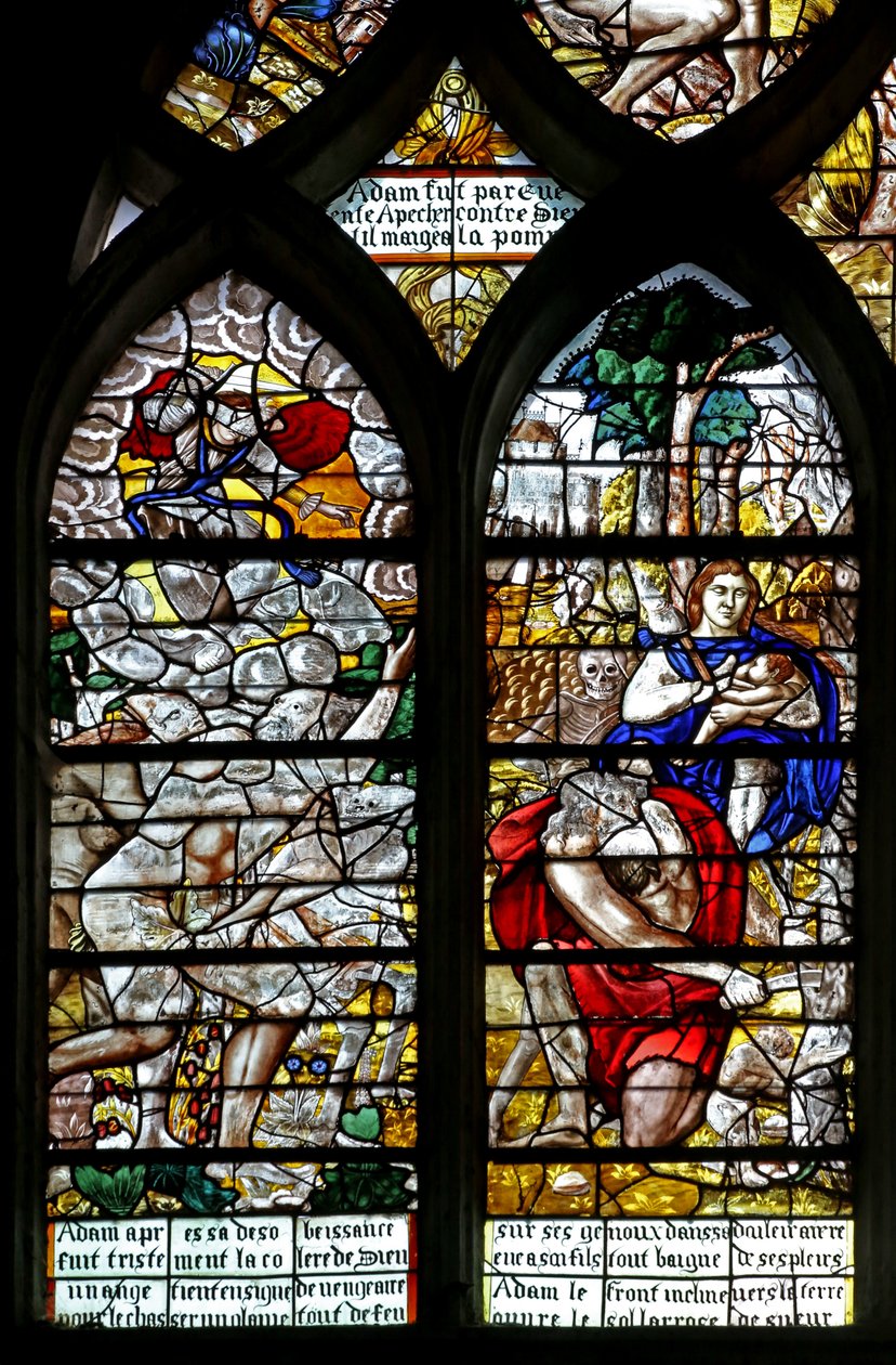 Window w122 depicting Adam and Eve cast out of Eden; Eve suckles; Adam works by French School