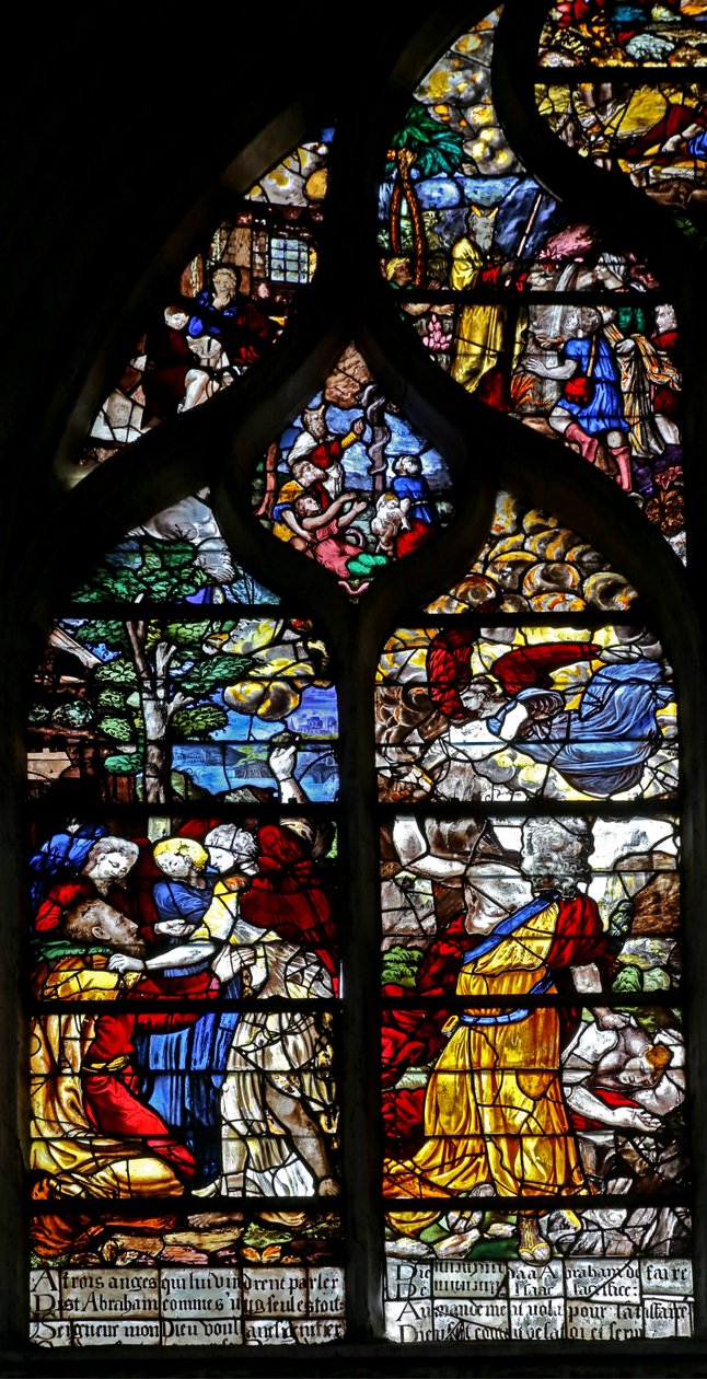 Window w126 depicting Abraham receives three visitors; Abraham attempts to sacrifice Isaac by French School