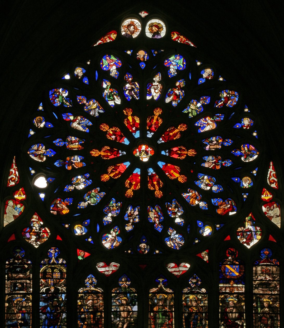 God, Seraphims, Musical Angels, and Ten Apostles, Patron Saints of the Canons: St James, St Christopher, St Charlemagne by French School