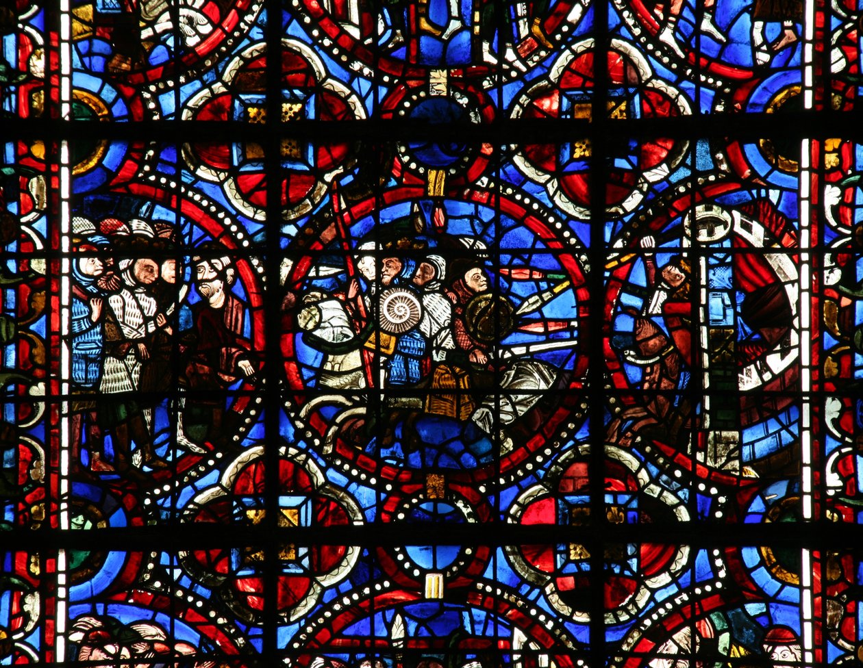 Window depicting Adonibezek? with a group of soldiers and a person with bound hands; A battle scene outside a city that is on fire by French School