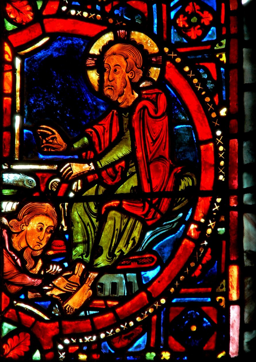 Window w17 depicting a scene from the life of St Mary Magdalene - the saint washing Christ