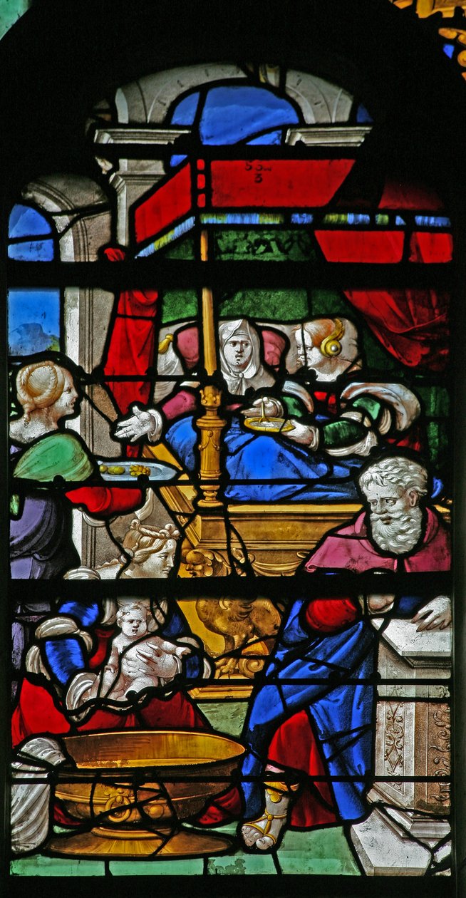Window depicting a scene from the Life of the Virgin Mary: her birth by French School