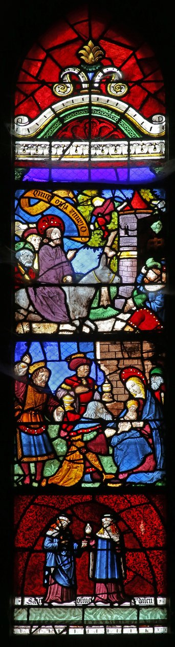 Window depicting the Entry to Jerusalem; Adoration of Magi; Ss Cosmos and Damian by French School