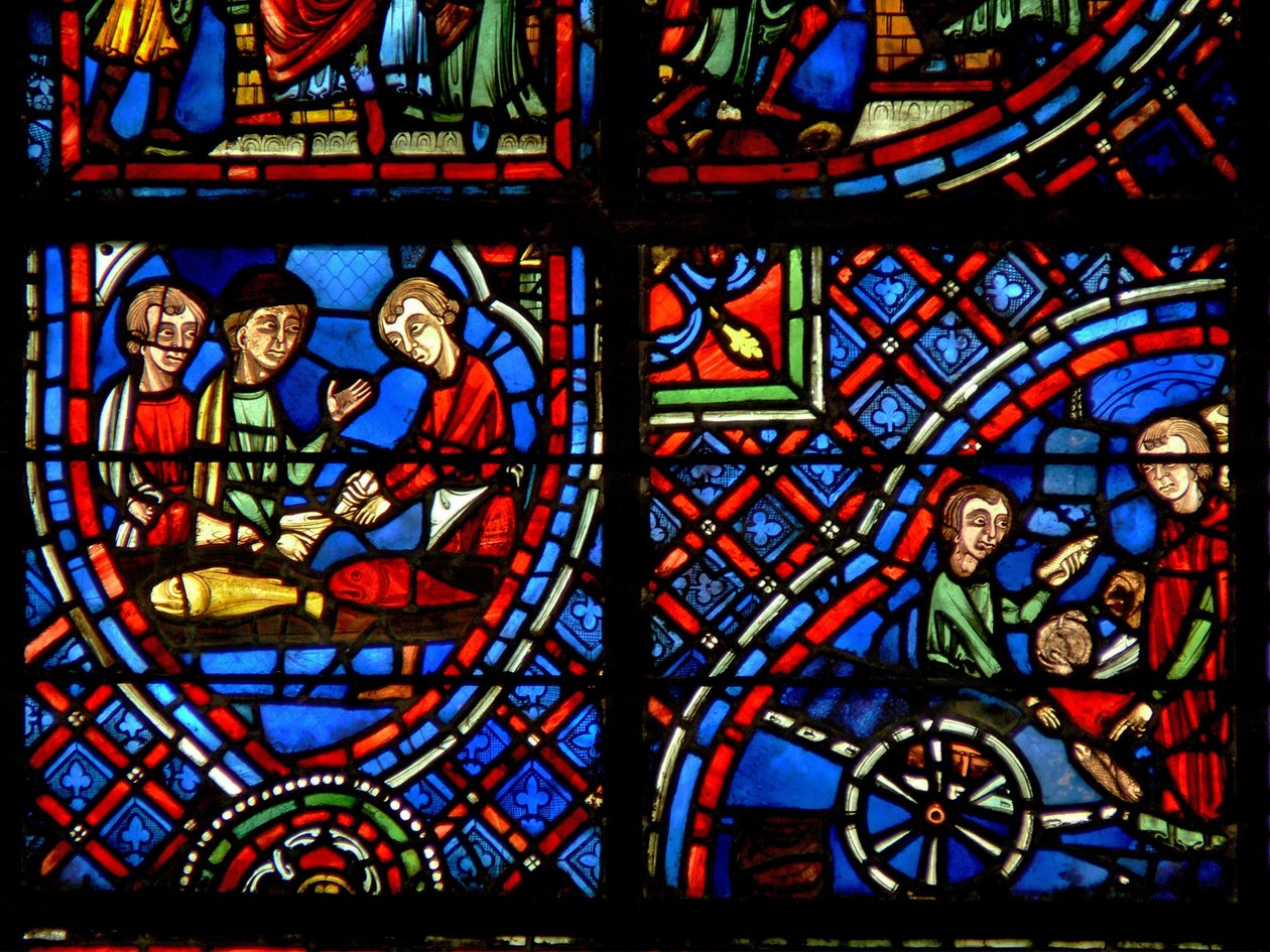 Window depicting donors - the fishmongers by French School
