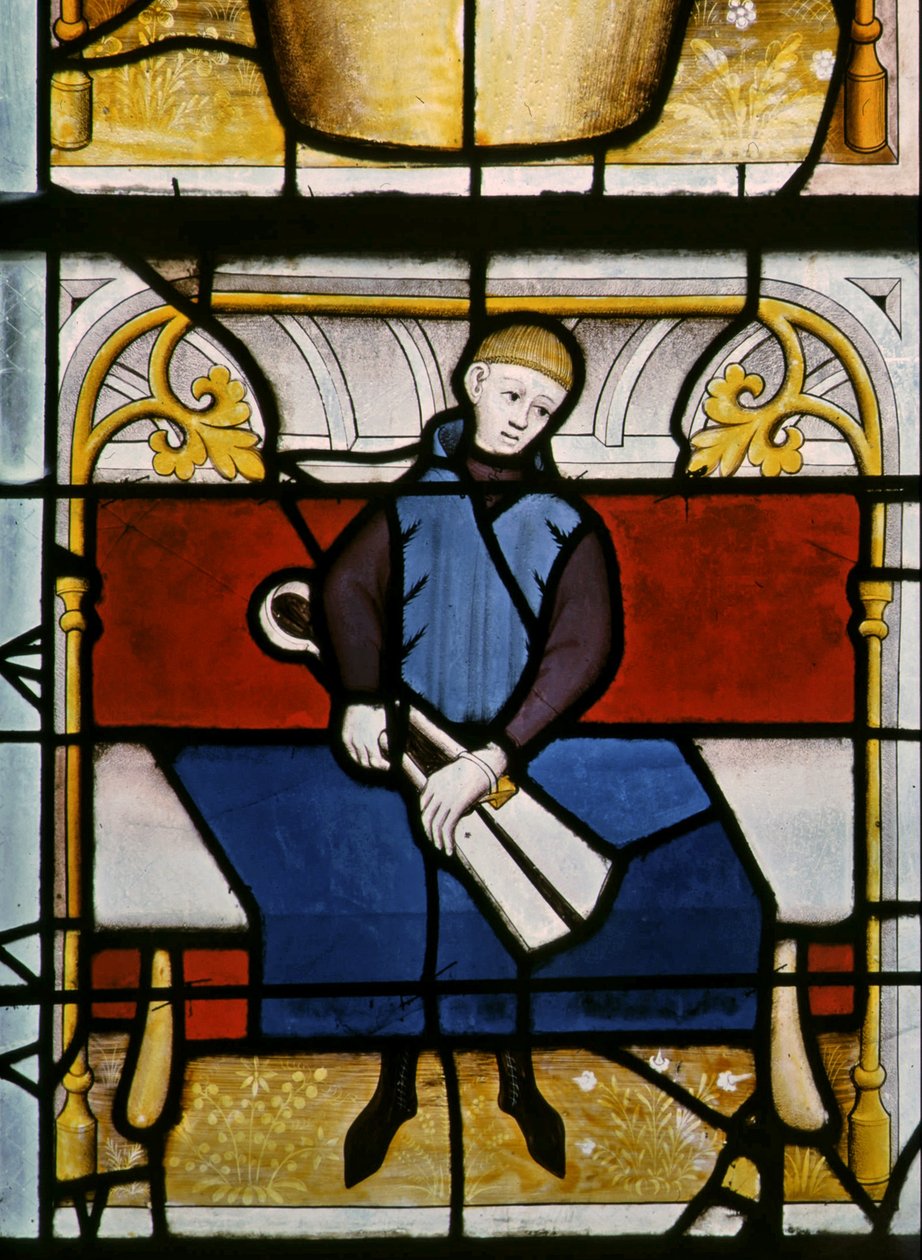 Window w25 depicting a draper at work in the Drapers window