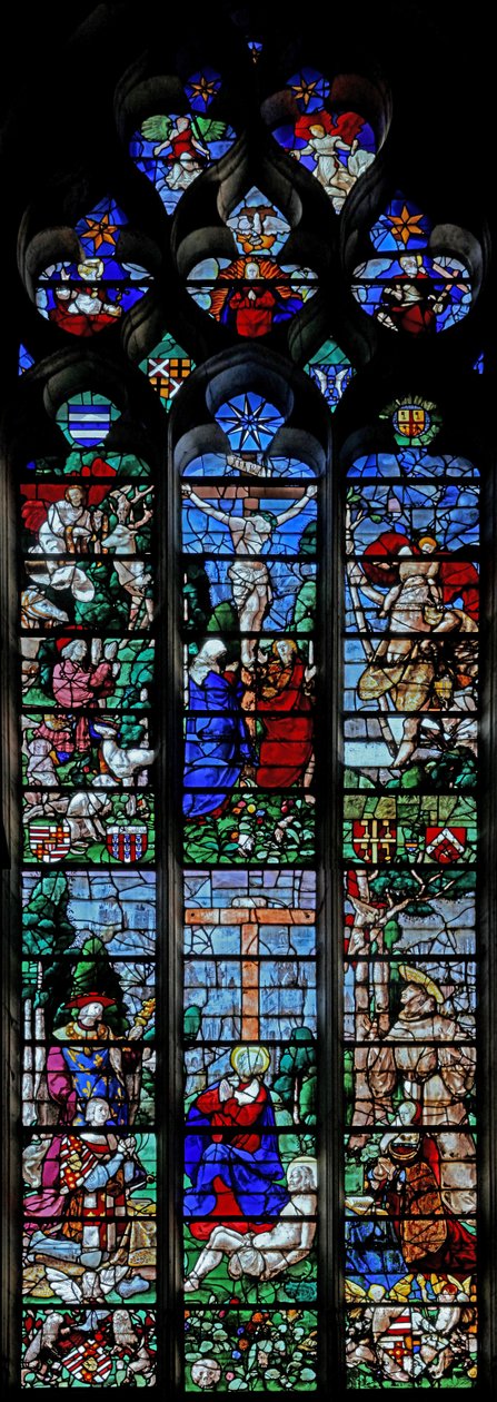 Crucifixion with St Hubert and St Christopher; Below is the Donor Louis de Roncherolles and Wife Francoise de Halluin with St Louis and St Francis (Window W25) by French School