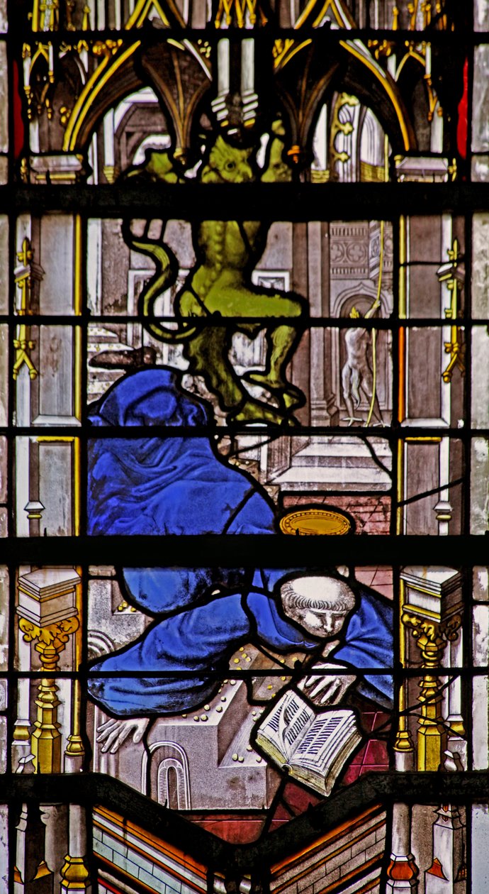 Window depicting St Martin falls downstairs: a devil celebrates by French School
