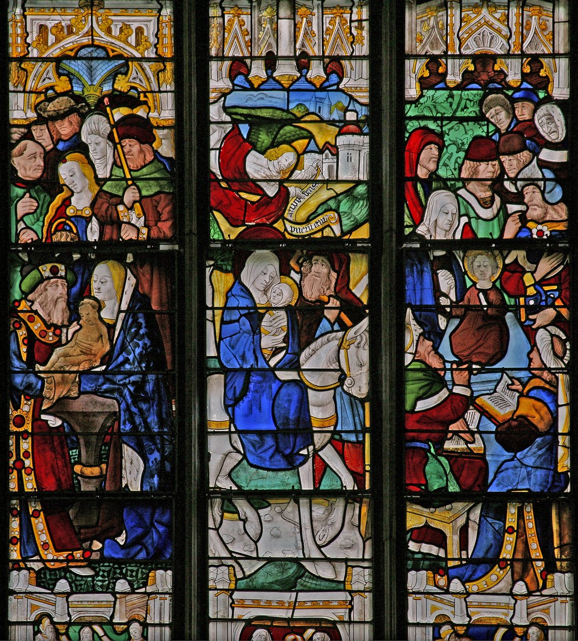 Window depicting the Flight into Egypt, In the Temple with Simeon, Christ with the Doctors in the Temple by French School