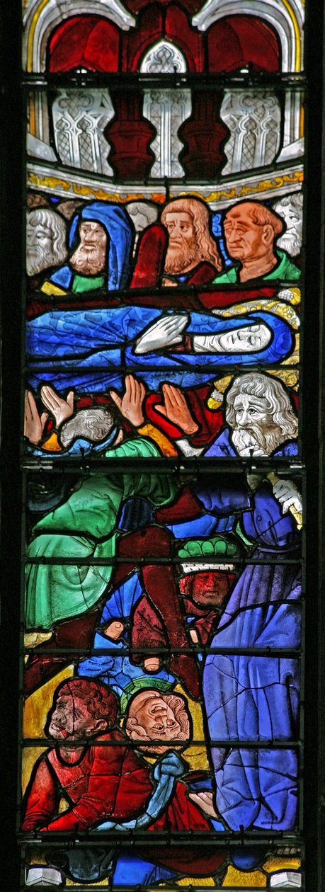 Window w4 depicting the Funeral of the Virgin Mary; attempt to overturn coffin by French School