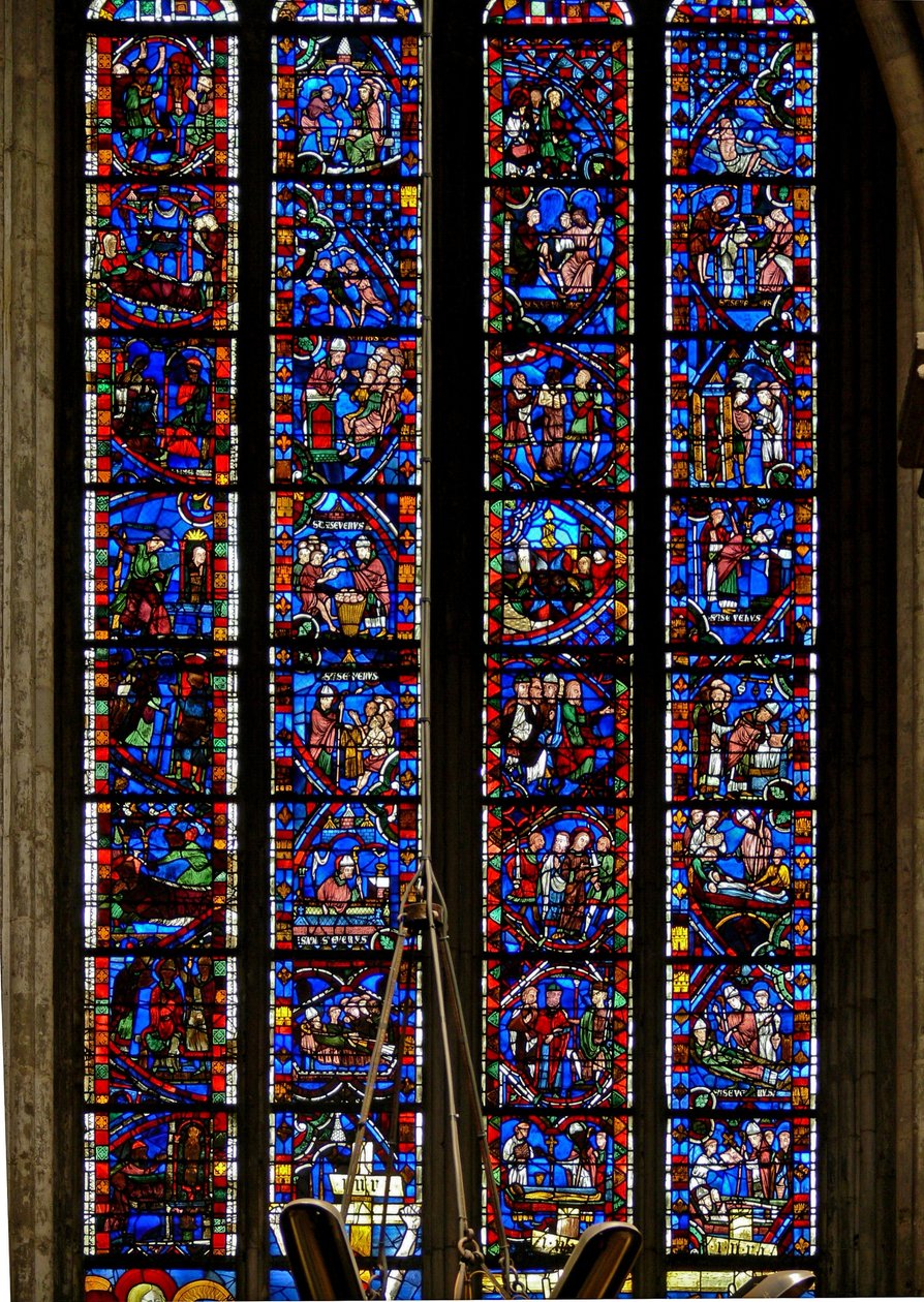 Window depicting One of Les Belles Verrieres with scenes from the lives of St Nicholas, St Catherine and St Sever by French School