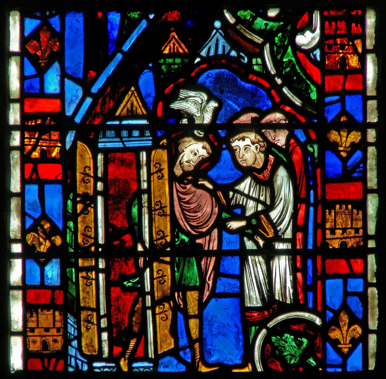 Window depicting St Sever: as he is elected bishop a dove settles on his head by French School
