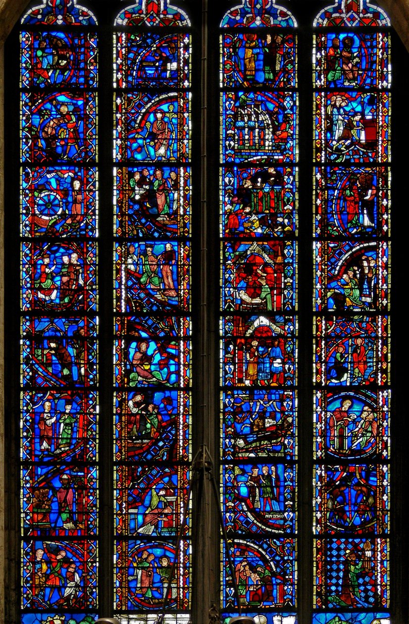 Window depicting scenes from the lives of St Catherine, St Nicholas, St ...