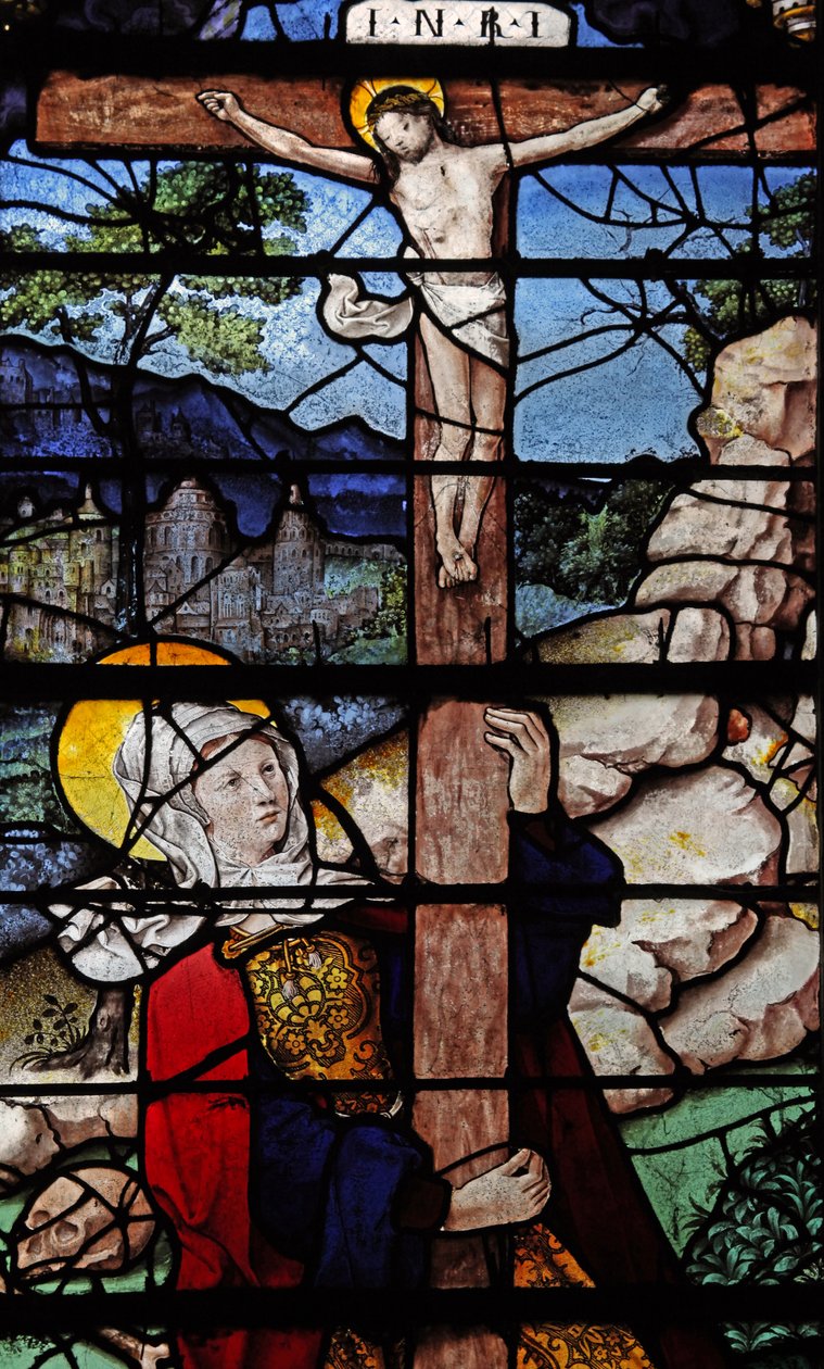 Window depicting a scene from the life of St Mary Magdalene - the saint at the Cross by French School