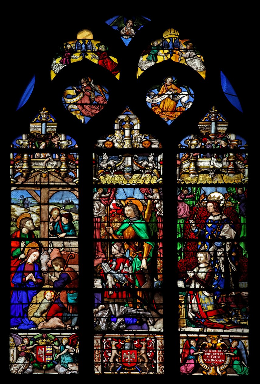 Window depicting the Nativity with Shepherds; donors Gaspard de Coligny and wife and patron saints by French School