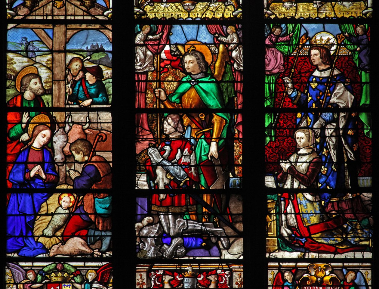 Window depicting the Nativity with Shepherds; donors and patron saints by French School