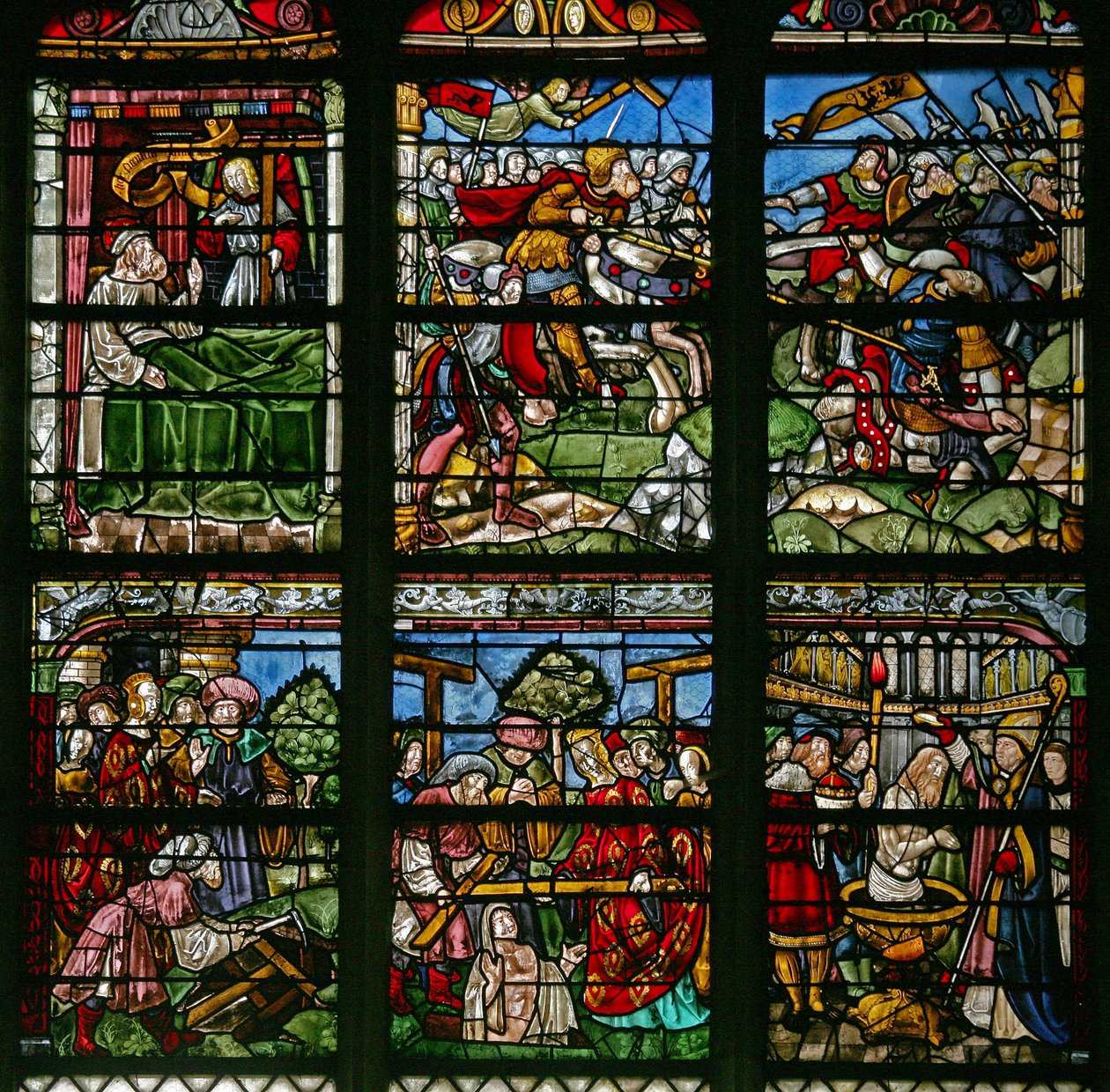 Window depicting St Helen and the finding of the Cross with the Emperor Constantine; above is the battle scene where the Cross appeared and Constantine triumphs by French School