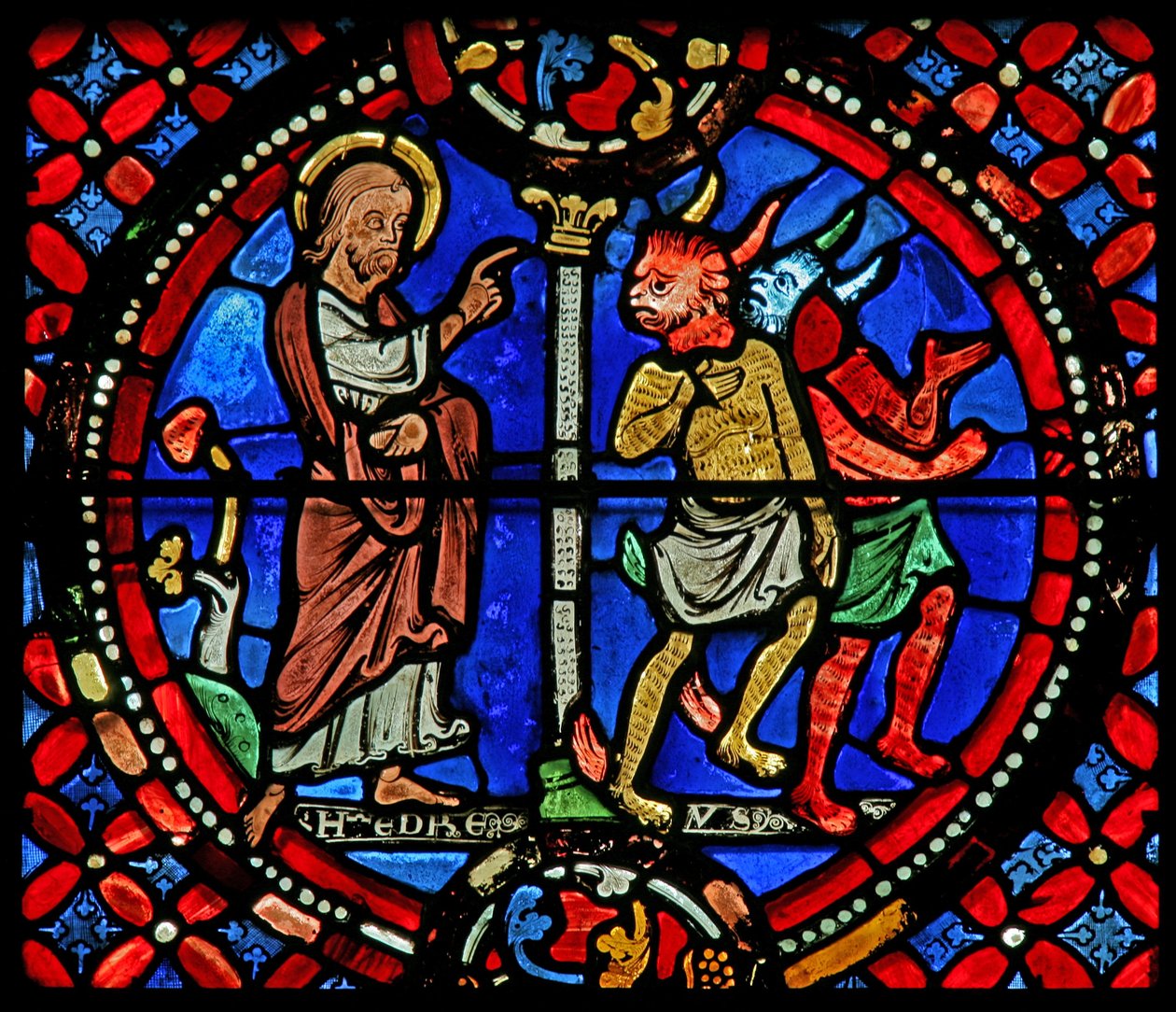 Window depicting St Andrew chasing two demons by French School